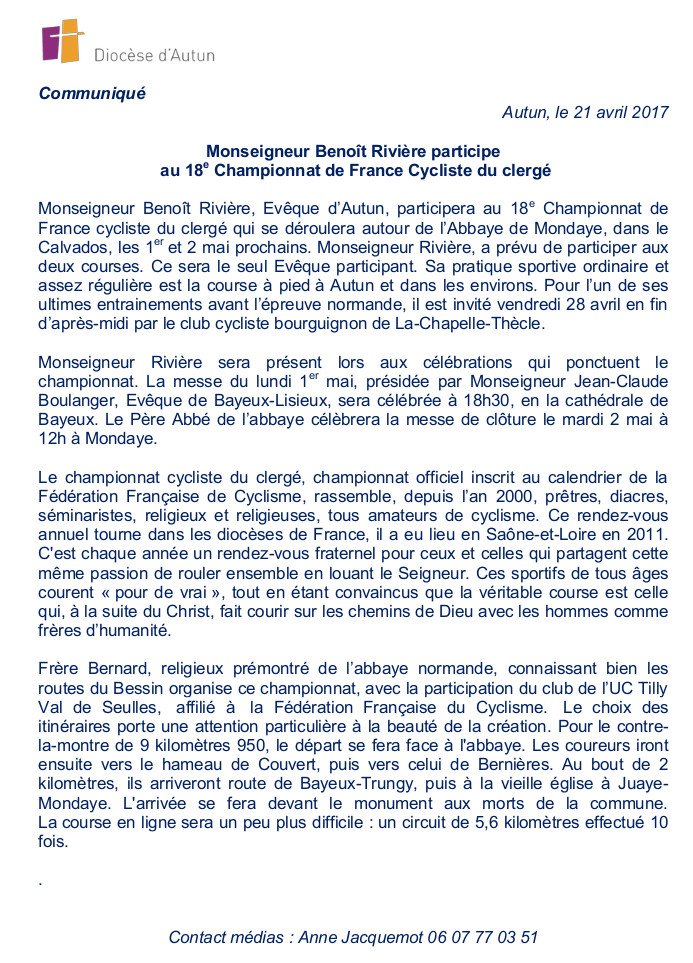 COMMUNIQUE CHAMPIONNAT FRANCE CYCLISTE 2017